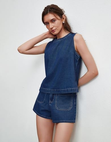 Image of Kedera Summer Denim Set for Women 2 piece Casual Sleeveless Boxy Shirt Tops and Shorts Pants Lounge Sets Outfits