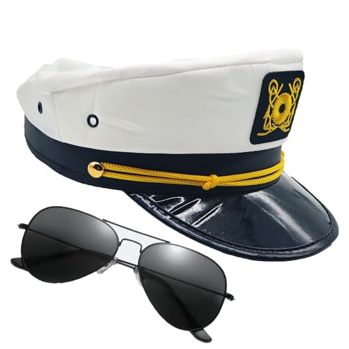 IFJJ Yacht Captain Hat, Sailor Costume Marine Admiral Cap for Men and Women, Yacht Sunglasses,Halloween Costume Accessory