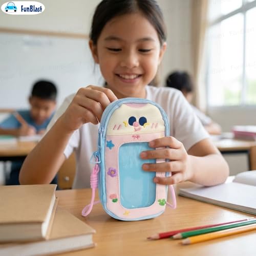 Image of FunBlast Pencil Pouch for Kids, Girls - Large Capacity Multipurpose Stationery Zipper Pouch with Hanging Strap for Kids & Adults, Kawaii Aesthetic Pencil Case Organizer for Girls (Blue-)