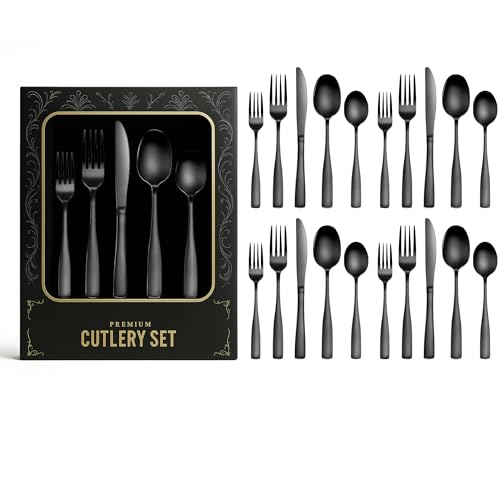 Image of aDai Premium Cutlery Set | Stainless Steel Tableware | Mirror Finish | Includes Spoon Fork Knife & Teaspoon | Elegant Flatware Set for Dining, Parties & Gifting (Black, Set of 20)