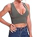 Venbond Women's Sexy Sleeveless Seamless Crop Top Deep Plunge V Neck Ribbed Tank Top with Removable Pads (Green, 2XL)