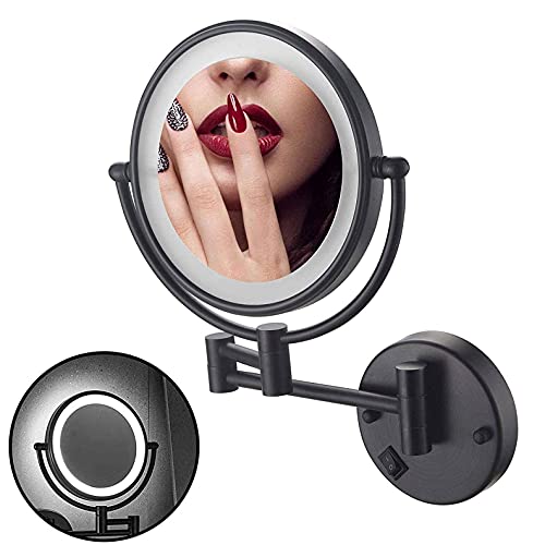 Makeup Mirror Wall Mount Black LED, 10x Magnification, 8 Inches Double Sided 360 Degree Swivel Chrome Finish, Matte Black Finish for Bathroom Bedroom, Plug Powered