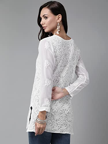 Image of Ada Women's Georgette Regular Fit Chikankari Hand Embroidered Lucknow Short Kurti Top A911224