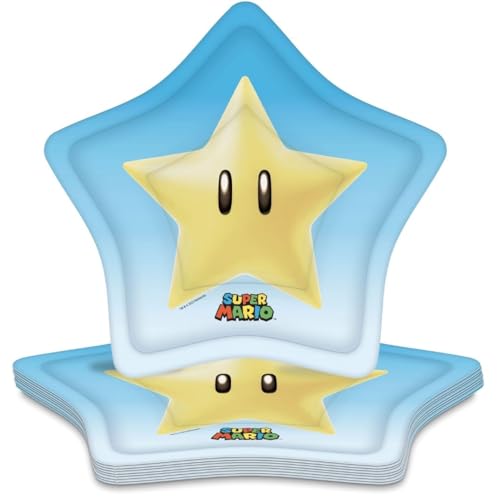 Amscan Blue & Yellow Super Mario Star Shaped Plates (8") Pack of 8 - Perfect Party Supplies for Birthdays & Celebrations