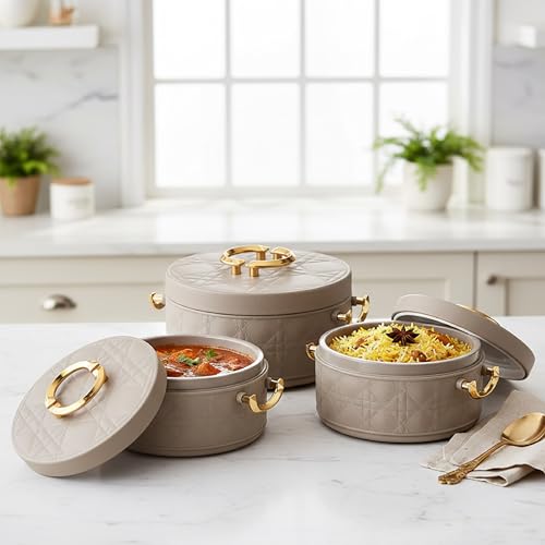 Image of CELLO Ornetto Big Set of 3 Pcs Insulated Steel Casserole Hot Box for Kitchen, Beige (1500ml, 2000ml, 2500ml) | Airtight Hot Pot Case Keeps Food Hot & Warm, Casserole Set for Roti Chapati Rice Biryani