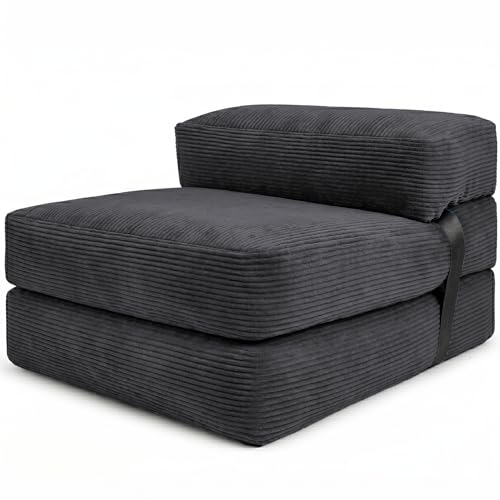bananair - Sofá Cama 1 Plaza Convertible - Cama Individual Desfundable en Terciopelo Acanalado - Sillon Una Plaza, Futón Japonés Práctico y Confortable, Acolchado en Espuma (70 x 190 cm, Gris Oscuro)