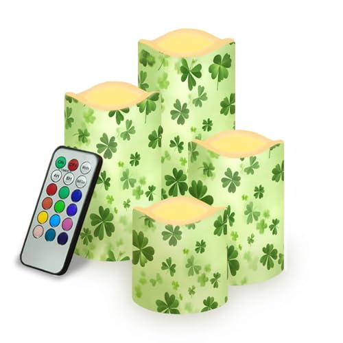 Image of Green Leaves Plastic Flameless Candles with Remote Control and Timer American Flag LED Flickering Battery Electric Pillar Candles for Home Saint Patrick's Day Decoration