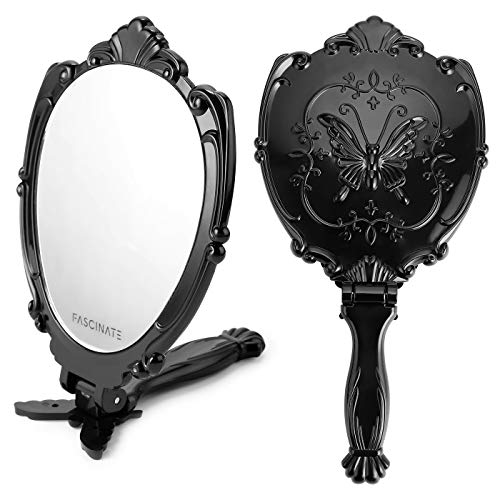 VWMYQ Folding Hand Mirror with Handle, Travel Makeup Mirror, Small Handheld Mirror, Plastic Hand Held Mirror, Cute Desk Mirror for Kids Girls, Black