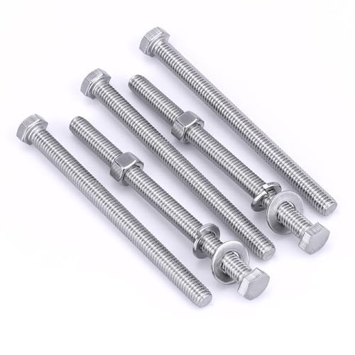 Image of (6 Sets) 5 /16-18 x 5 inch Hex Bolt and Nut Kit, 304 Stainless Steel (18-8), Fully Threaded, Flat & Lock Washers Included