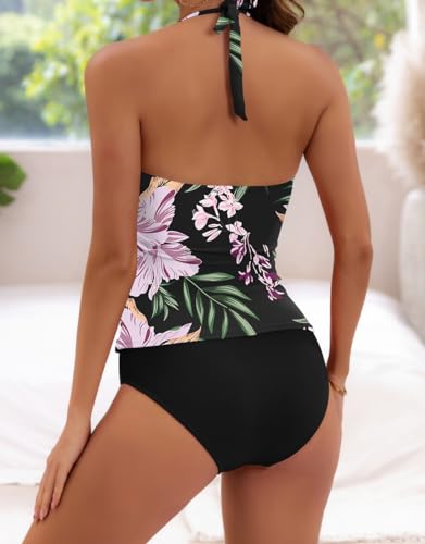 Image of B2prity Halter Tankini Swimsuit for Women Tummy Control Two Piece Bathing Suit V Neck Swimwear with Shorts