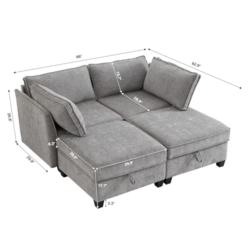 Image of ORRD Sleeper Modular Sectional Sofa Set, Convertible Couch Bed with Storage, 4 Seater and 2 Armrestes Sofa Modular for Living Room, Office (Grey)