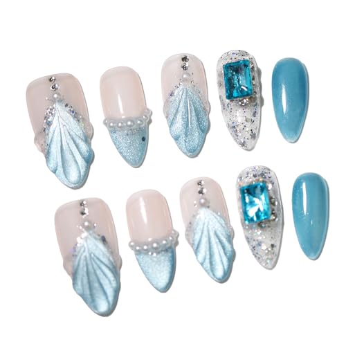 10PCS Handmade Luxury Almond Press On Nails Cat 's Eye Blue 3D Shell & Glitter Gradient with Pearl Rhinestones for Wedding & Party Reusable Fake Nails Design Gift For Women &Girls(blue A20, XS)
