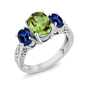 Gem Stone King 925 Sterling Silver Green Peridot and Blue Created Sapphire 3 Stone Ring For Women (2.71 Cttw, Gemstone Birthstone, Available In Size 5, 6, 7, 8, 9)
