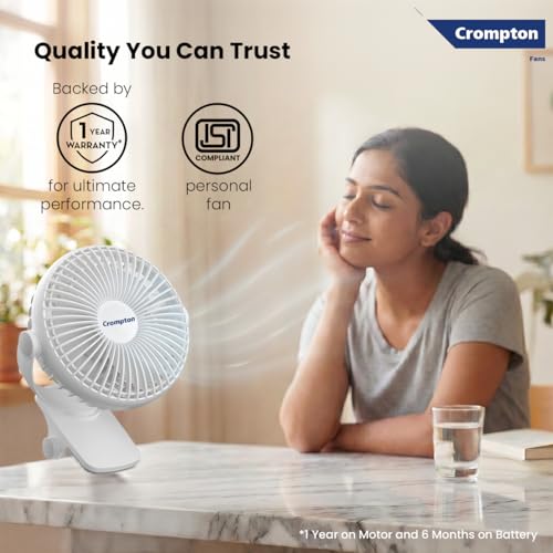 Image of Crompton Siro Rechargeable Clip Fan 100MM | Safety Grill Design | Replaceable Battery | Type-C Charging | 360 Adjustable Rotation | Personal Cooling Fan for Desk, Bedroom & Travel (White)
