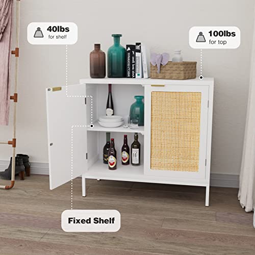 Anmytek Rattan Cabinet, White Sideboard Buffet With Storage Spacious Storage Cabinet With 2 Rattan Decorated Doors Fixed Shelf Large Space For Living Room Hallway Entryway Dining Room, H0012 #TOP2