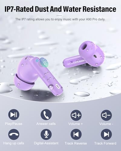 Wireless Earbuds, Bluetooth 5.4 Headphones Bass Stereo, Ear Buds with Noise Cancelling Mic, LED Display in Ear Earphones Clear Calls, IP7 Waterproof Bluetooth Earbuds for Laptop/Phones/Sports, Purple - 9