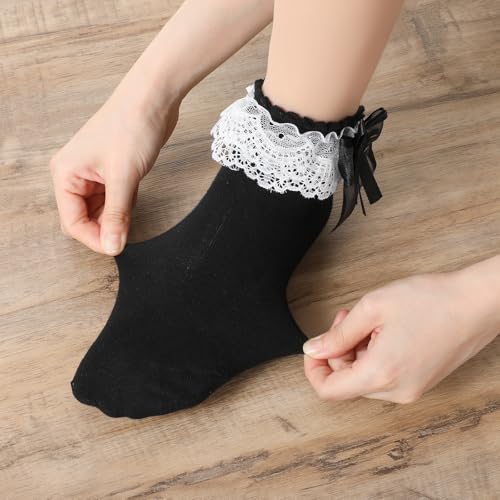 Image of Tyqour 1 Pair Ruffle Socks Women Black Lace Socks for Women Ankle Ruffle Frilly Socks, Comfortable and Breathable All Seasons
