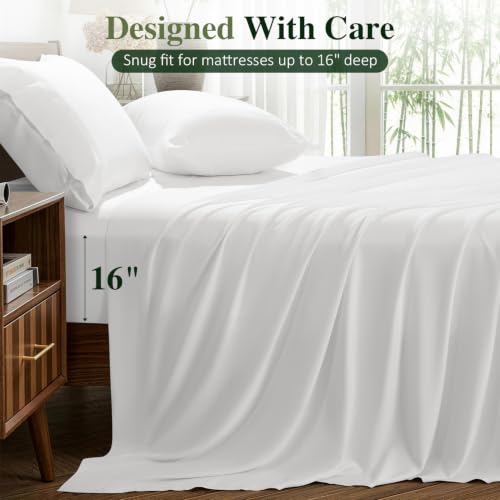 Image of 100% Organically Grown Bamboo Viscose Queen Sheet Set with Pockets on Side | Hotel Luxury Bed Sheets Set, Deep Pocket Up to 16 Inches, Ultra Soft Cooling Sheets 4pcs (White)