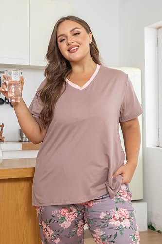 Image of Vozanet Women's Pajama Sets Short Sleeve with Long Pant Soft Sleepwear Printed pj Loungewear With TWO Pockets Size 1X to 5X