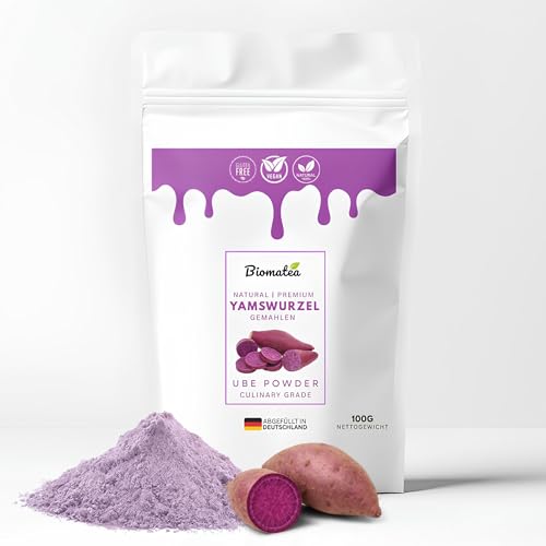 Biomatea Lila Yamswurzel-Pulver, Purple Ube Powder, 100g gemahlen – 100% Natur, ohne Zusatzstoffe, violetter Ube Pulver, Vegan, perfekt für Ube-latte, dessert, backen