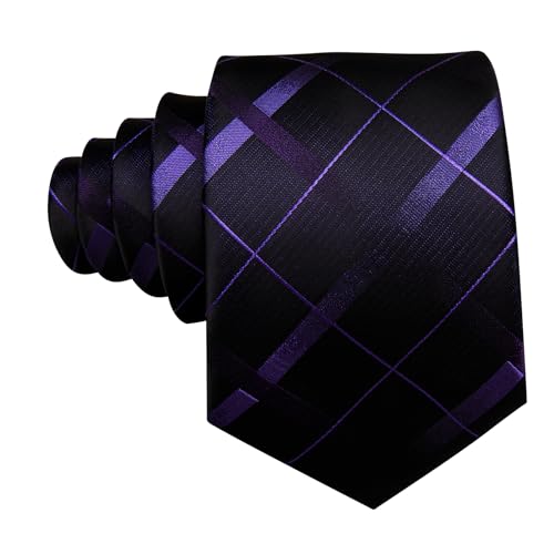 Image of Barry.Wang Plaid Ties for Men Silk Necktie Handkerchief Cuff Links Set