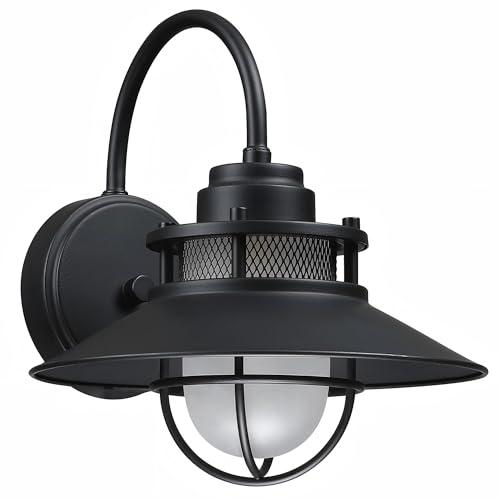 Image of Outdoor Gooseneck Barn Light Fixture with Cage - Exterior Wall Sconce Farmhouse Gooseneck Light Outdoor Porch Sconce for Garage Coastal Lantern for Outside