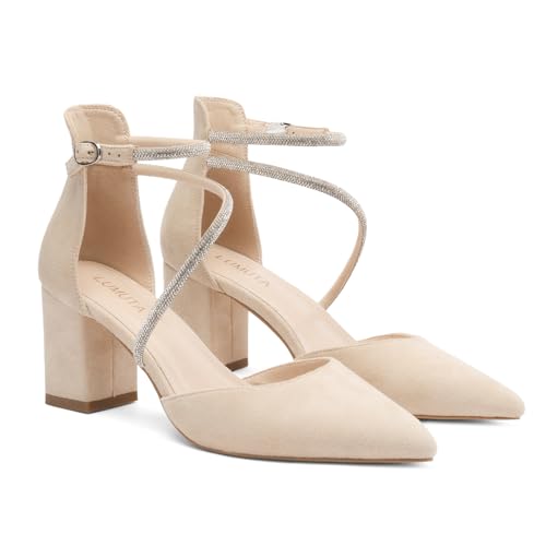 Women's Chunky Heels Pump Shoes Rhinestone Ankle Strap Pointed Toe Pumps Summer Sexy Comfortable High Heels Wedding Party Dress Work Block Heel Shoes3