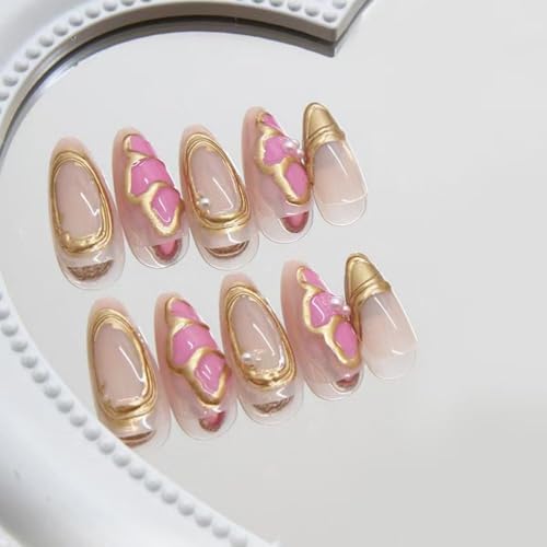 Image of Flower Press on Nails French Tip Fake Nails with 3D Gold Design Butterfly Glue on Nails Artificial Acrylic Nail Full Cover Medium Almond False Nude Stick on Nails for Women Manicure 24Pcs
