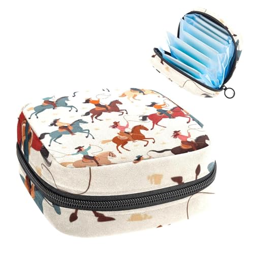 Portable Menstrual Pad Bags, Large Capacity Sanitary Napkin Storage Bag, First Period Kit for Girls Women, Zipper Nursing Pad Holder Wild Western Cowgirls Women with Horse Rodeo