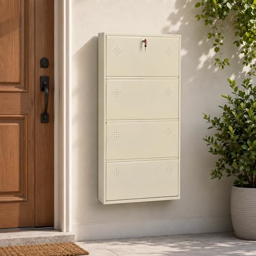 Image of 4 Door Wall Mounted Metal Shoe Rack Cabinet with Lock | Space Saving Shoe Storage Cabinet for Home, Entryway & Balcony | Dustproof Ventilated Shoe Organizer | Ivory | 52 x 26 x 6 Inch
