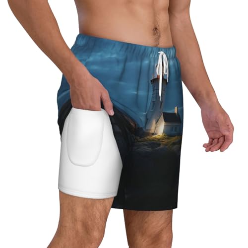 Men's Swim Trunks Quick Dry Board Shorts Lighthouse at Night Beach Shorts with Pocket Bathing Suits for Men2