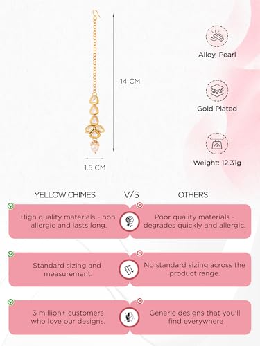 Image of Yellow Chimes Maangtikka for Women Gold Toned Kundan Studded Floral Designed White Beads Drop Maangtikka for Women and Girls
