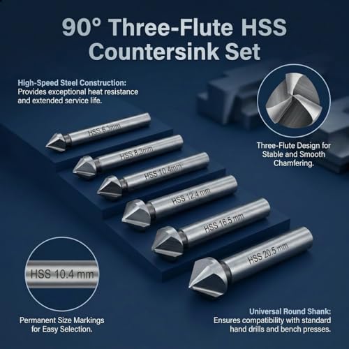 6-teiliges Fräser-Set 90°, 6,3-20,5 mm, Fräsbohrer aus HSS-Stahl