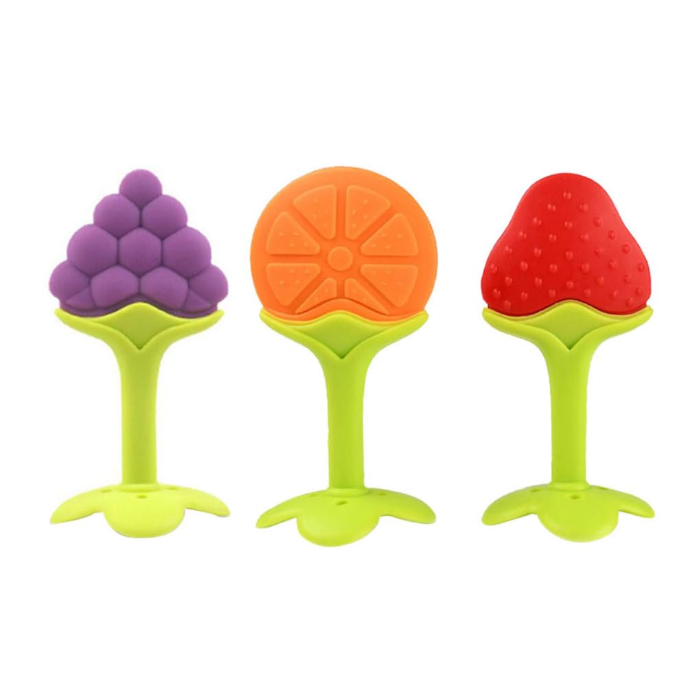 3Pcs Soft Silicone Baby Teething Toys, Fruit Shape Grape Strawberry Orange for Teething Pain Relief