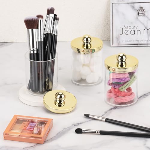 Image of Tbestmax 10oz Qtips Holder Bathroom Container - Plastic Apothecary Jar with Gold Lids for Cotton Bal Swab Round Pads, Floss - Gold
