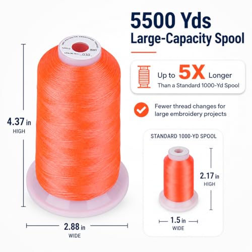 Image of Simthread 5500Yds Embroidery Thread 5000M, 40WT Polyester Machine Embroidery Thread, High-Yardage Spool for Brother, Singer, Janome, Babylock, Husqvarna, Home & Commercial Machines, Vermilion 030