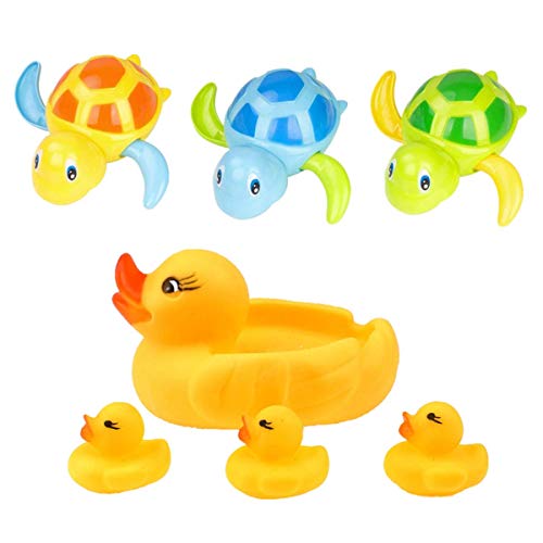 7 Pcs Baby Bathing Bath Swimming Tub Pool Toy Cute Wind Up Turtle Animal and Rubber Duck Bath Safety Toy Set for 3-12 Years Old Kids Boys Girls Gift