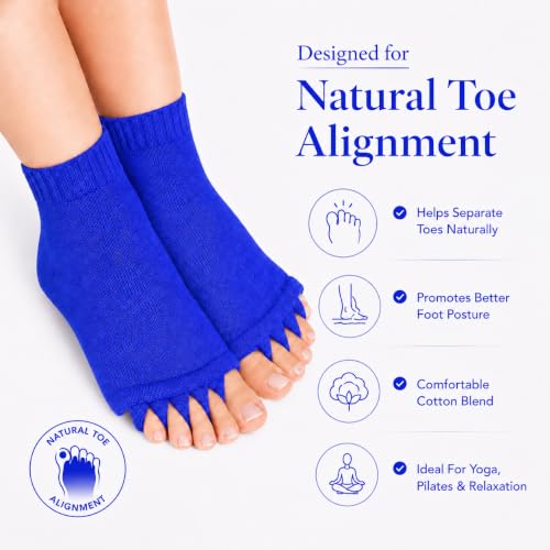 Image of Foot Alignment Orthopedic Cotton Socks for Men & Women | Five Toe Separator | Foot Pain Relief | Bunion Corrector | Plantar Fasciitis Support | Improves Posture & Flexibility | Free Size | Royal Blue | 1 Pair
