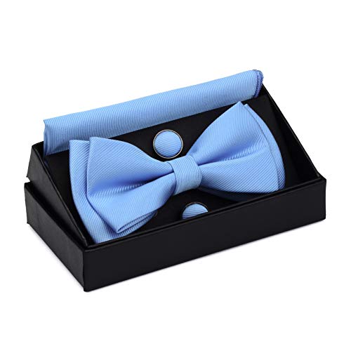 Image of GUSLESON Mens Solid Color Two Layer Pre-tied Bow Tie and Pocket Square Cufflink Set with Gift Box