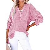 Barleybeam Damen Casual Button V-Ausschnitt Langarm Shirts, Oversize Solid Blusen Tops Leinen Shirts...