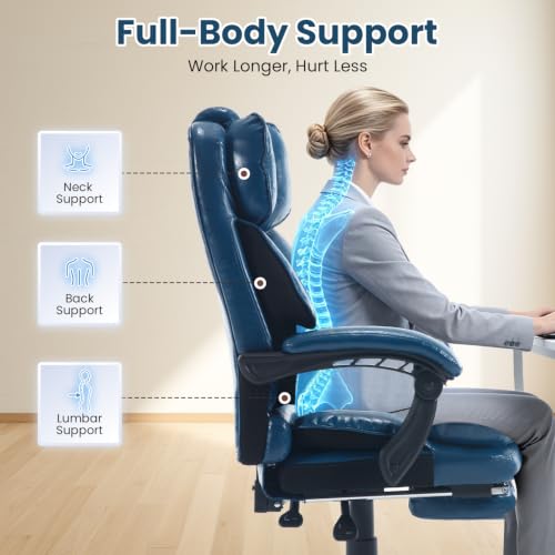 Image of Reclining Ergonomic Office Chair with Footrest, Blue