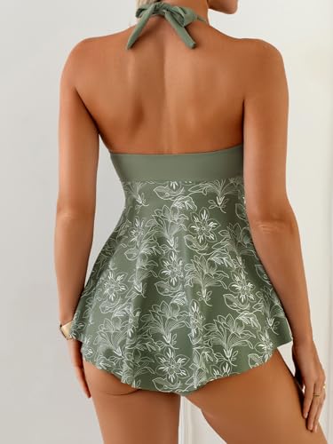 Image of Aidonger Halter Women's Tankini Swimsuits Tummy Control Two Piece Swim Dress Bathing Suits Flowy Swim Top with Short