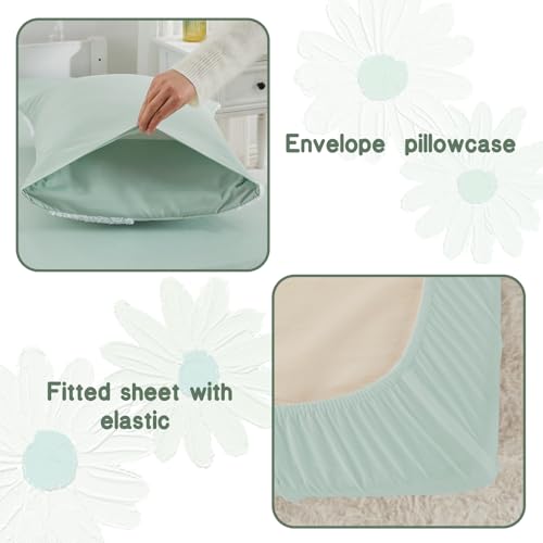 Image of Toddler Bedding Set for Girls 4-Piece Sage Green Boho Tufted Daisy Flowers Toddler Comforter Set Bed-in-a-Bag Toddler Sheets Bedroom Set with Toddler Comforter, Flat Sheet, Fitted Sheet, Pillowcase