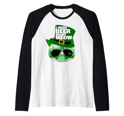Funny St Patrick's Day Cat I Need Beer Right Meow Camiseta Manga Raglan