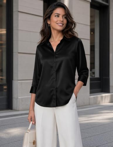 Image of Zeagoo Womens Satin Blouses Button Down Shirts 3 /4 Sleeve Dressy Tops S-2XL