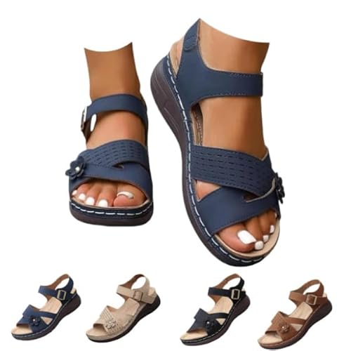 Orthotic Orthopedic Shoes Sandal Wedges Strappy Wedge with Arch Support Women Open Toe Ankle Strap Comfortable Platform (navy bl