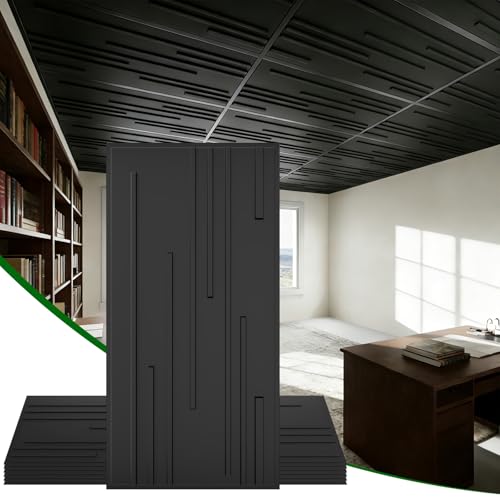 LooYee 24 PCS 2x4 FT Black Vertical Stripe Decorative Ceiling Tiles, 24x48 Inch 3D Modern Minimalist Ceiling Panels, PVC Waterproof Cuttable Material Ideal for Living Room Bedroom Cover 192 Sq.Ft