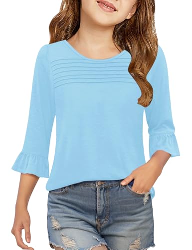 Sunborui Girls Summer 3/4 Length Sleeve Tops Casual Cute Shirts Ruffle Bell Sleeve Front Pleated Blouses