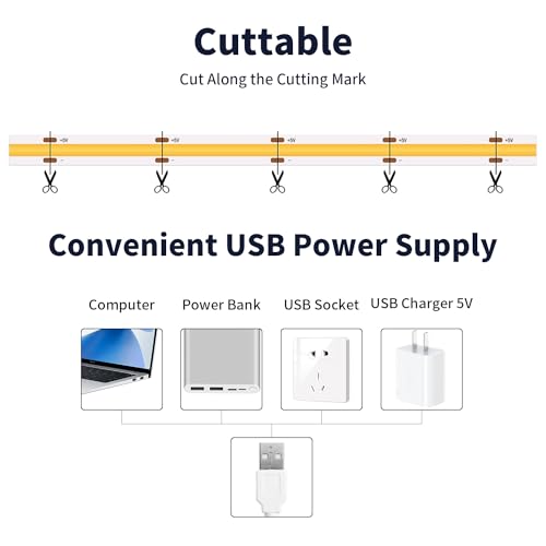 Image of 6.56FT /2M COB LED Strip Light, Warm White 3000K USB LED Tape Lights, 640LEDs CRI93+Flexible Dimmable Light Strip for TV Backlight, Cabinet Lighting, Mirror, Bedroom Decor