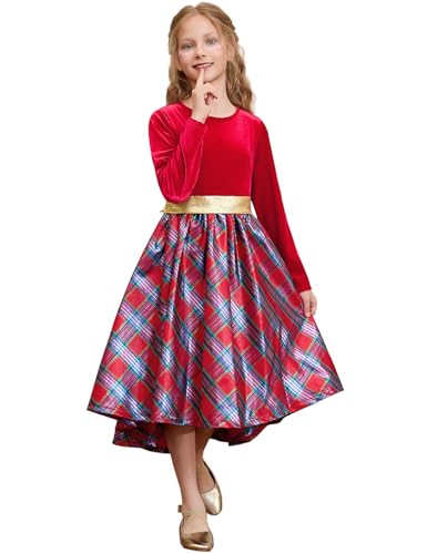 Girls Christmas Dress Velvet Long Sleeve Holiday Dress Winter Party Classic Plaid Midi Princess Dress, 10-11Y Red